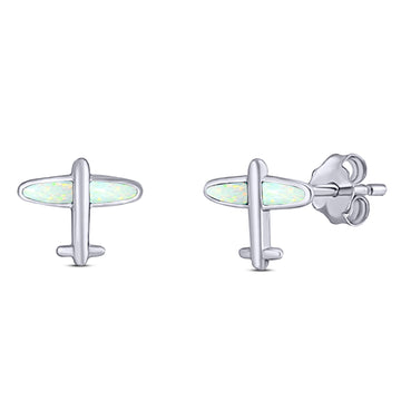 Flying High Aeroplane Stud Earring Created White Opal Solid 925 Sterling Silver (8.7mm)